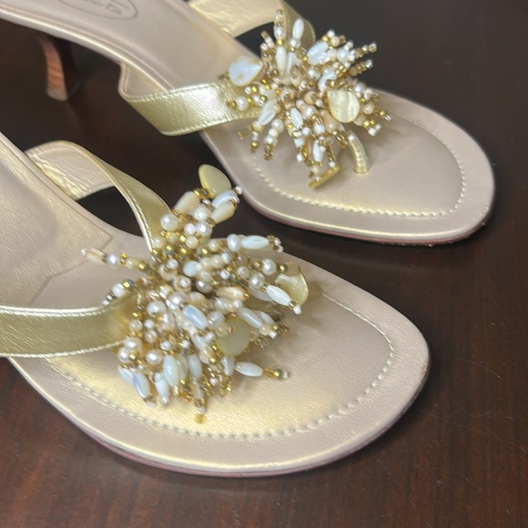 Talbots Gold Leather Jewelled Beaded Mule Elegant Dress Sandals Low Heel Size 7 - Picture 4 of 16